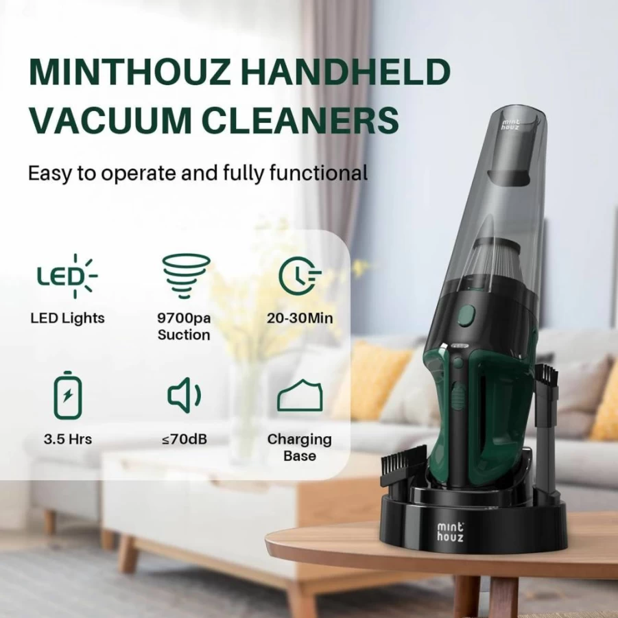Minthouz Cordless Handheld Vacuum Cleaner with Strong Suction, LED Light, Rechargeable Battery, and Charging Base for Home, Car, Pet, and Office Use