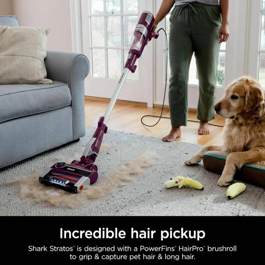 Shark Stratos HZ3000 Corded Stick Vacuum with DuoClean PowerFins, Self-Cleaning Brushroll, HairPro Technology, Odor Neutralizer, Lightweight, Red Plum (Renewed)