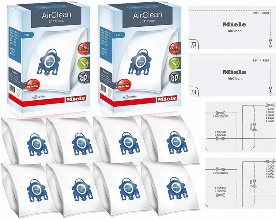 Miele GN Airclean 3D Efficiency Dust Bags - 4 Pack with 2 Filters for Vacuum Cleaners, White (Model 10123210)