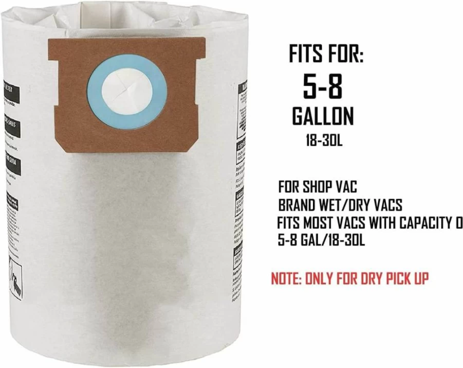 5 Pack FDHF Replacement Filter Bags for 5-8 Gallon Shop Vac, Compatible with Type E 9066100 & Type H 9067100, HEPA Vacuum Cleaner Accessories, White